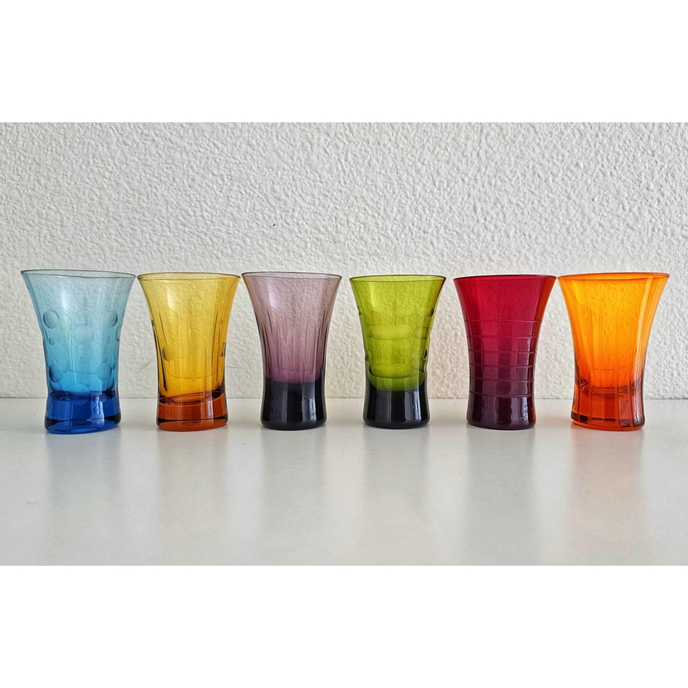 Retro Style Shot Glass Set Of 6 Colorful Ombre Art Glass MCM Art-Style Barware
